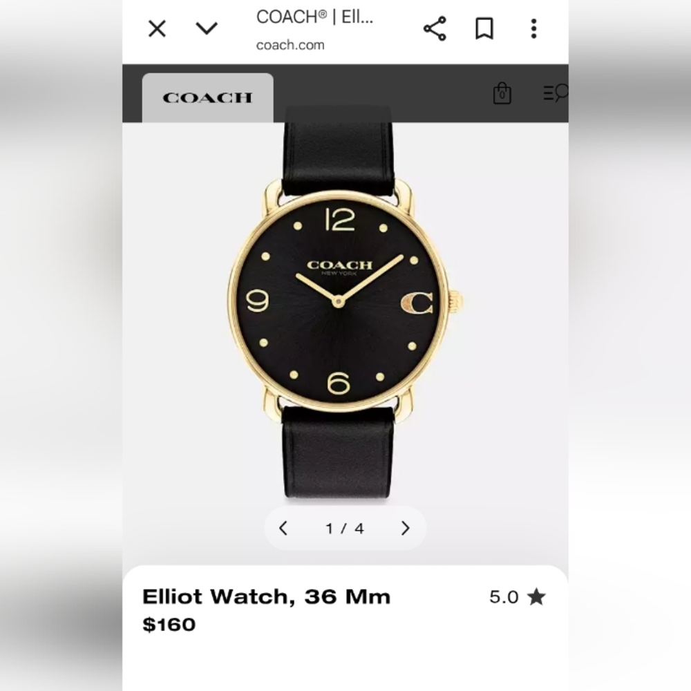 Coach Black and Gold Watch, Elliott, Leather Band NEW